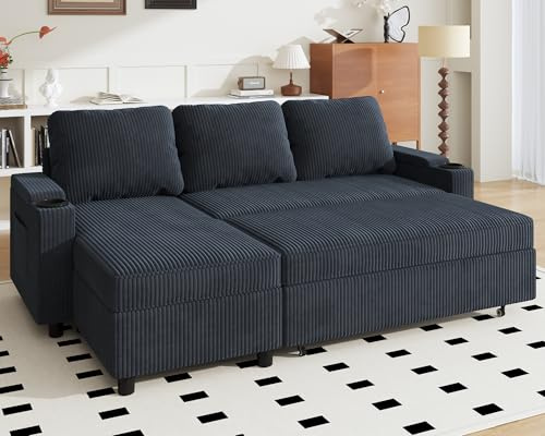JUMMICO Schlafsofa mit Bettkasten L Form Sofa mit Schlaffunktion 3 Sitzer Couch klein Ecksofa Schlafcouch Ausziehbar Wohnlandschaft für Wohnung und Wohnzimmer Velours Blauschwarz