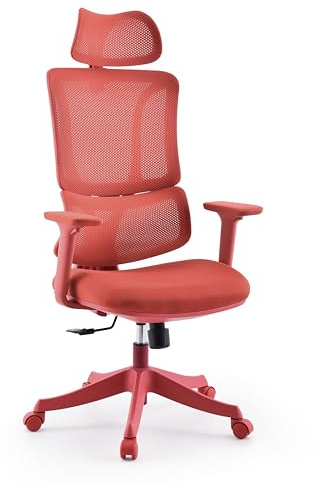 MyBuero Bürostuhl Ergomy Colore – ergonomischer Schreibtischstuhl, atmungsaktiver Rückenlehne, Verstellbarer Lordosenstütze, 3D Armlehnen & Kopfstütze, Rot