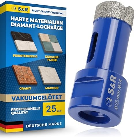 S&R Professional Diamant Fliesenbohrer 25 mm, Lochsäge für Fliesen M14 Gewinde, Diamant Bohrer Fliesen, Vakuum Gelötete Bohrkrone Winkelschleifer für Keramik, Feinsteinzeug, Granit, Marmor, Porzellan