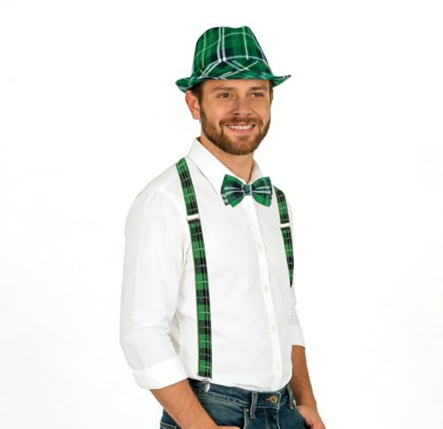 CYMNER 3 Stück St Patricks Day Kostüm, Leprechaun Patrick Set mit Hut Fliege Hosenträger, Kobold Kostüm St Patricks Day Accessoires für Erwachsene Kinder zu St Pa's Party
