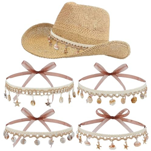 OLYCRAFT 4pcs Bandes Chapeau bohème 107cm Couleur Mixte Coton Bande Coquille avec Ruban d’Organza Chapeaux décoratifs Coquillages Chapeaux Polyvalents Accessoire Femmes Hommes Chapeau Paille Plage