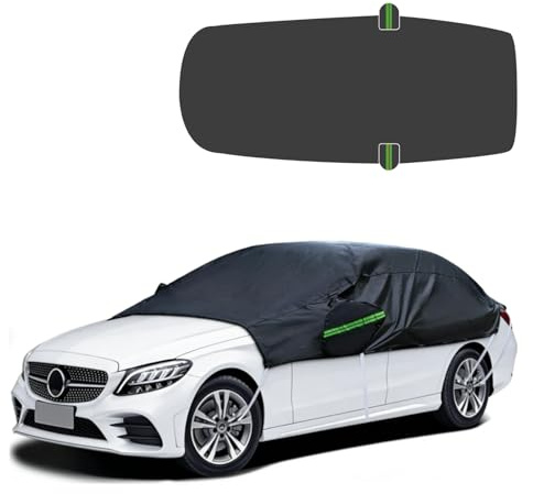 Universal Halbgarage Autoabdeckung,Halbe Autoabdeckung mit Haken und Riemen, Wasserdicht Autogarage Abdeckung für Auto Allwetterschutz vor Regen, Staub, Sonne (Dreikastenlimousine)