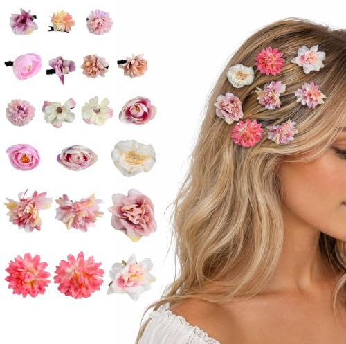 Set 21 Graffette per Capelli a Fiore per Donna e Bambina – Fiori Secchi e Fiori di Seta Rosa e Lilla – Accessori Boho per Matrimonio, Festa e Vacanza – Fermagli con Fiori Artificiali