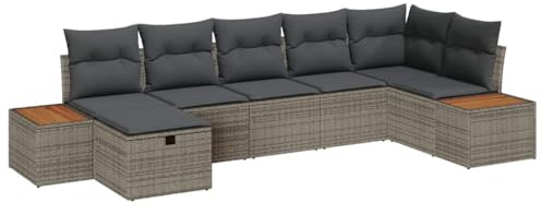 QJBSAVVA 7-Sitzer Gartensofa-Set mit Kissen Grau, Modulare Lounge-Möbel aus Poly-Rattan für Garten, Terrasse und Balkon, Wetterfeste Sitzgruppe inklusive Tisch und Hocker