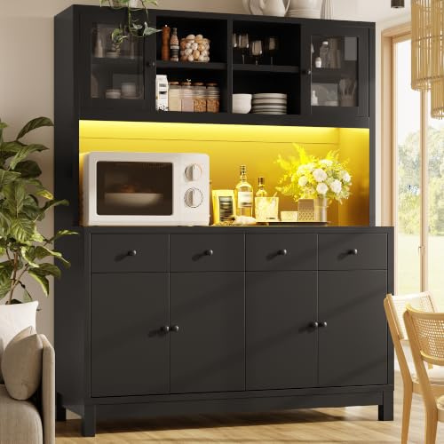 Yrxin Modern Hochbuffetschrank mit App-gesteuerter RGB-LED, Glastüren & 4 Schubladen, verstellbare Einlegeböden, Naturholz-Optik, belastbar bis 100kg, 140x40x180cm