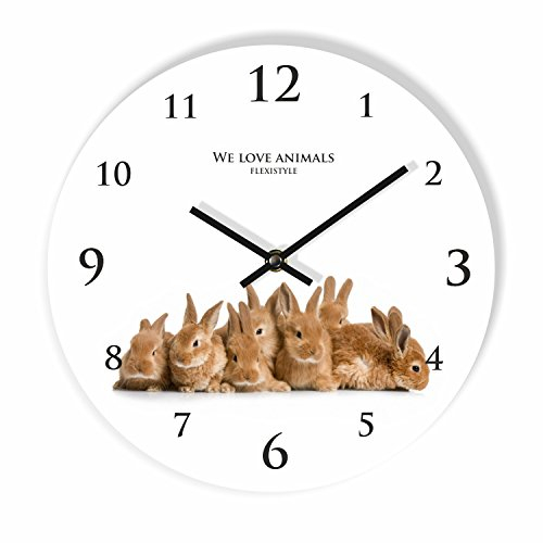 FLEXISTYLE Moderne Wanduhr für Kinder Kaninchen, 30cm, still, oval, Zimmer für Kinder, Schule, Kindergarten