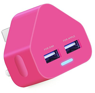 Ameego Dual USB Mains Charger 2AMP/2000mAh Rapid Speed Charging Universal Adapter with Smart IC UK Plug for iPhone/iPad/Samsung/Pixel/Windows Phone/Tablets & USB Devices - HOT PINK