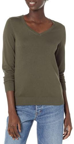 Amazon Essentials Damen Regular-Fit Leichter Langarm-Pullover V-Ausschnitt (In Übergröße Erhältlich), Dunkles Olivgrün Meliert, M