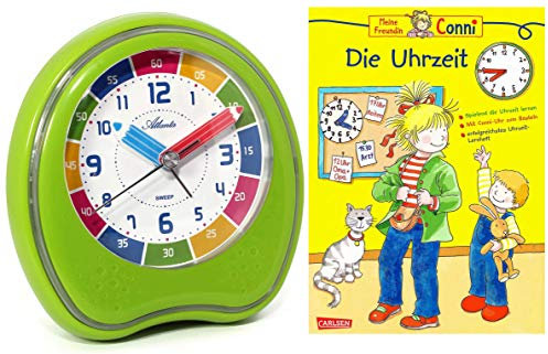 Atlanta Kinderwecker ohne Ticken + Lernbuch Conni Die Uhrzeit (Grün)