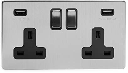 Brushed Chrome Socket with White Insert - Screwless Faceplate (Black Insert, 2 Gang USB Double Plug Socket)