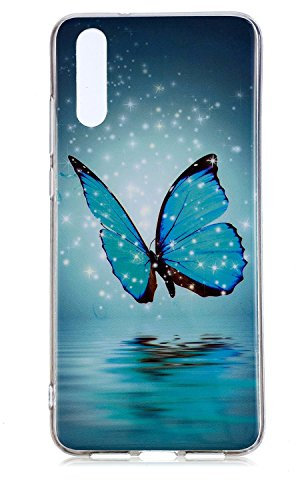 DasKAn - Carcasa para Huawei P20 Pro, Fluorescente, Luminosa en Le Noir con Motivos de Colores, Ultrafina, Flexible, antigolpes, Goma, TPU, Funda para teléfono Trasero, Mariposa, Color Azul