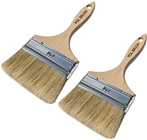 Set of 2 - 4 inch European Professional Flat Paint Brushes - Natural Bristle Wooden Handle - for Acrylic, Chalk, Oil, Watercolor, Gouache, Stain, Varnish, Wax & etc. - for Art, Kids, Walls, Details.