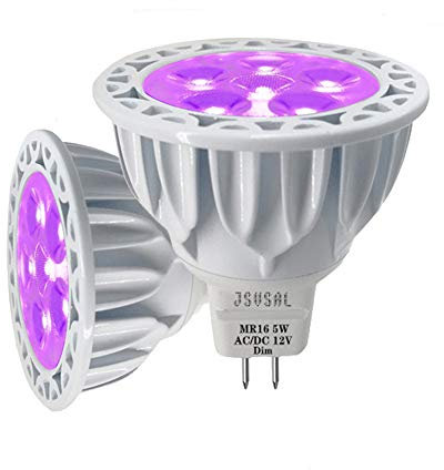 JSVSAL MR16 LED-Leuchtmittel, dimmbar, violett 5 W, ersetzt 50 W Halogen-Äquivalent, 12 V GU5.3 Bi-Pin-Sockel, 40 Grad Spot Beleuchtung für Innen- und Außen-Landschafts-Leuchtmittel, 2- Pack