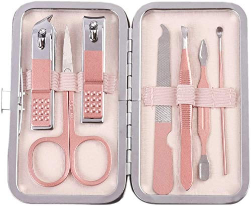 Manicure Pedicure Set Nail Clippers Kit 7 Pcs Stainless Steel Hygiene Kit Portable Nail Trimming set and Grooming Tools with Fine Leather Case [Gift Box] (Rose Gold-7pcs)