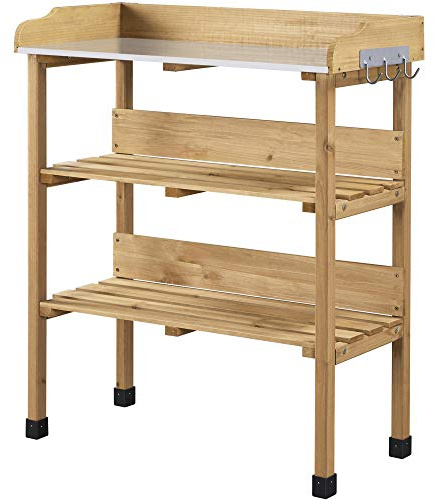 Topeakmart Potting Bench Table w/Metal Tabletop for Garden, Fir Wood Workstation w/3 Tier Shelves, Outdoor Work Bench w/Hook Natural Wood