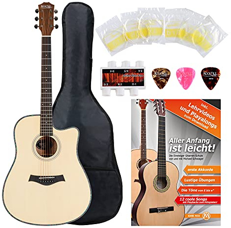 Rocktile WSD-100C NT Westerngitarre Starter Set, Decke: Fichte, X-Bracing | Korpusform: Square-Shoulder Dreadnought mit Cutaway, Boden & Zarge: Mahagoni, Hals: Okoume, Steg: Walnuss, Bünde: 20, 5 cm