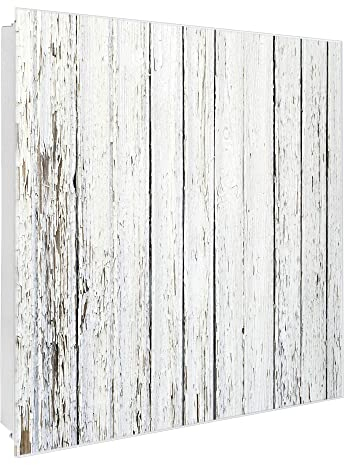 banjado® Großer Schlüsselkasten Glas/Schlüsselbox 30cm x 30cm mit 50 Haken - Motiv Weißer Bretterzaun/Schlüsselkasten modern für Schlüsselaufbewahrung mit beschreibbarer, magnetischer Glastür