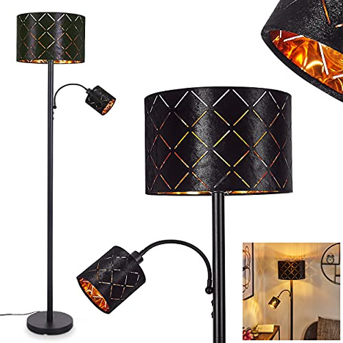 Stehleuchte Arnoya, 2-flammige Bodenlampe aus Metall in Schwarz, modernes Design m. Stoffschirm in Schwarz/Kupfer, 1 x E27 u. 1 x E14, Standlampe m. Schalter am Gehäuse, ohne Leuchtmittel