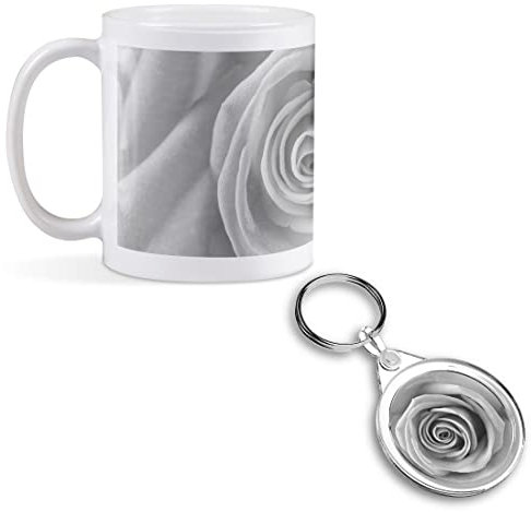 1 x 11oz (284ml) White Ceramic Mug Cup & 1 x Round Acrylic Keyring Set - BW - Macro Shot Rose Flower Design for Coffee Tea Drinks Kitchen Birthday Office #37590