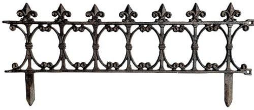 L'Héritier Du Temps Bordure de Jardin Bordurette Grille Victorienne Motif Fleurs de Lys en Fonte Patinée Marron 1x35x82cm