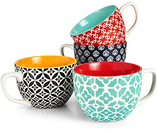 DOWAN Mosaian Soup Mugs, 24oz Large Coffee Mugs Set of 4, Soup Mugs With Handles, Ceramic Mugs for Soup/Coffee/Cereal/Latte, Thanksgiving and Housewarming Gifts for Family and Friends