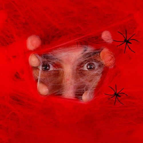 Komonee Halloween Stretchy Fake Cob Web and Spiders Indoor Outdoor Garden Haunted House Decoration Red
