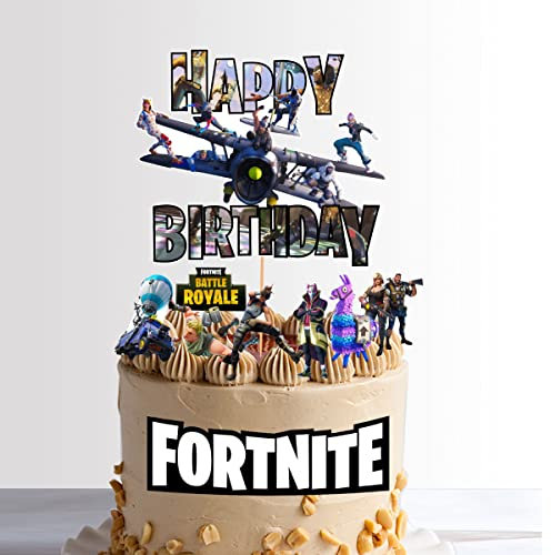 Video Game Happy Birthday Cake Topper 15cm + 7 Characters + Wafer Paper Badge Party Supplies Decoration Supplies for Kids Adults Girls Boys (Main Topper + Characters + Wafer Badge)