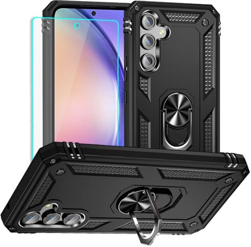 Yiakeng for Samsung A54 5G Case, Samsung A54 5G Phone Case with Screen Protector, Silicone Shockproof Military Grade Protective Phone Cover with Ring Kickstand for Samsung Galaxy A54 5G (Black)