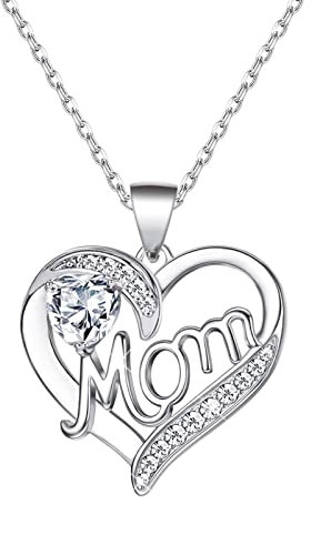 Daesar Women Pendant Necklace White Gold Plated 18ct Mom Heart Cubic Zirconia White Chain Necklace Silver for Women Mom Wife Grandma