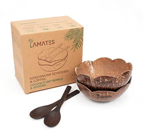 Kokosnuss Schalen 2er Set mit Kokos Holzlöffeln | 100% Naturprodukt | Vegan | Handgefertigt mit Kokosöl poliert | Coconut Bowls Schüssel Set in Blumenform| Smoothie Bowl Set of 2, Kokosnuss Schale