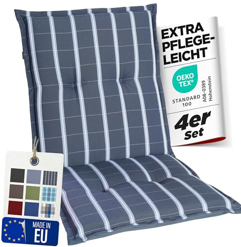 gardisun Gartenstuhlauflagen Niedriglehner, 4er Set, Grau-Kariert | Extra Dicke Sitzauflagen, Made in Europe, Stuhlauflagen für Niederlehner Gartenstuhl, Auflagen mit extra hohem Komfort