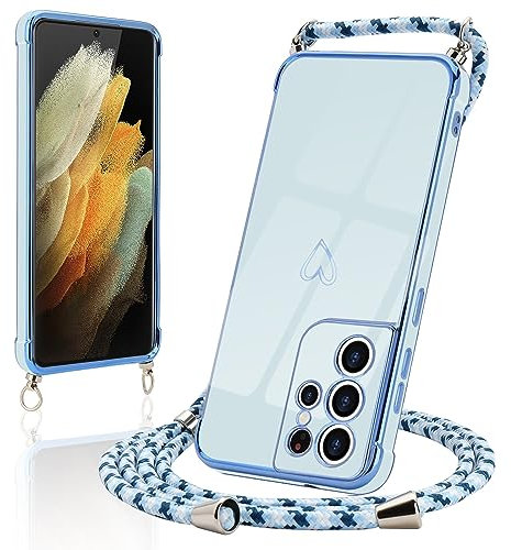 Micoden Coque Compatible avec Samsung Galaxy S21 Ultra 5G Silicone avec Collier Motif Coeur d'amour Mignon Etui Housse avec Cordon Tour de Cou Lanière en Corde pour Samsung Galaxy S21 Ultra 5G,Bleu