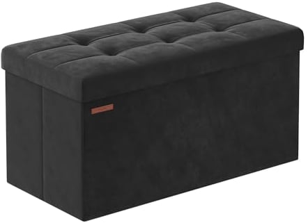 SONGMICS Storage Ottoman, Foldable Small Ottoman Foot Rest, 38 x 76 x 38 cm Foot Stool, Cube Ottoman with Storage, Load up to 300 kg, for Living Room, Bedroom, Entryway, Ink Black LSF247B51