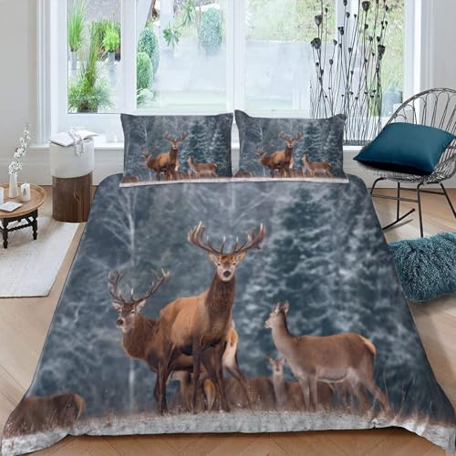 VIMOOR Bettwäsche 135x200 REH 3D Bettwäsche Set 3teilig für Kinder Jungen Mädchen Wintertiere 100% Mikrofaser Weich Teenager Bettbezug mit Reißverschluss und 2 Kissenbezüge 80x80 Winter