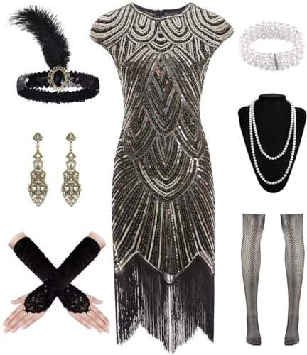 WILDPARTY 20er Jahre Kostüm Damen Charleston Kleid, Flapper Kleid mit Pailletten Perlen Fransen Netzstrümpfe, Kleider 20er Jahre Accessoires, Vintage Mafia Kostüm Damen Cocktailkleid