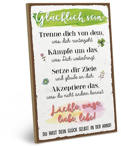 ARTFAVES® Wandbild Holzschild mit Spruch - Glücklich sein - Trenne dich von dem - Türschild Retro Vintage Deko Bild Geschenk - Glücklichsein, Glück, Leben