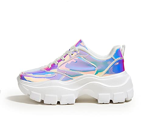 LUCK STEP Damen Chunky Sneaker Dicke Sohle Plattform Sneakers Alltag Schnüren Wanderschuhe(Weißes Hologramm01,9US-40EU-7UK)