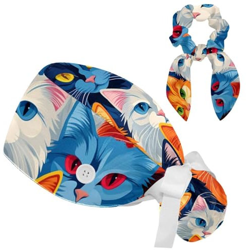 Scrub Cap mit Haargummis, Katzenmuster, Arbeitsmütze, Haarabdeckung, elastische Bandage, Raffhalter für Damen, Mehrfarbig 5, S/XXL
