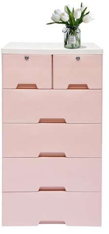 Aktenschrank Abschließbar, 50 * 35 * 102cm Kommode Mit 6 Schubladen, Pp Mehrzweckschrank Mit Rollen, 25Kg Tragfähigkeit, Schubladenschnalle (Rosa)