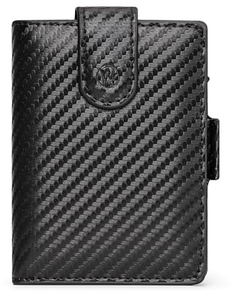 WillFire® MagFlap | Geldbörse Herren | Extra Schlüsselanhänger | Leder Kartenetui für 10-12 Karten | RFID geschützt | Einzigartiger Magnetverschluss | Inkl. Geschenkverpackung (Carbon)