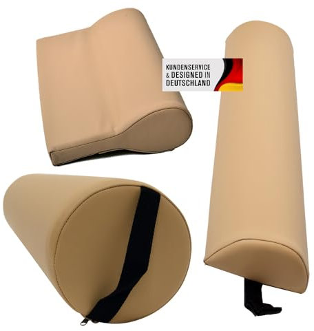 Promafit Massagezubehör Set 3 bestehend aus 1x Vollrolle Knierolle mit Griff 1x Lagerungsrolle Halbrolle und 1x Nackenkissen Kopfstütze für die Massageliege wasserabweisend (Beige)