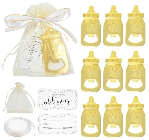 12 Pcs Metal Baby Shower Bottle Opener Small Gender Reveal Kit Birthday Sweet Key Ring Wedding Party Favour Guest Decoration Mini Keyring Newborn Personalised Christening Beer Idea Present (Gold)