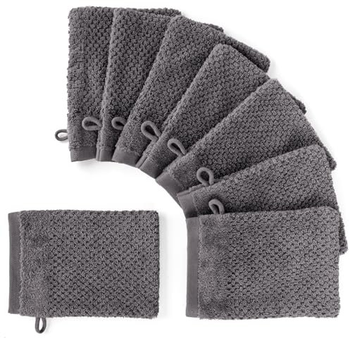 Pure Label 8-TLG. Waschhandschuh Set 16x21cm mit Anhängeschlaufe aus 100% Baumwolle, saugstark, weich und Oeko-TEX Zertifiziert - 8 Waschlappen aus Baumwolle, Anthrazit - Grau
