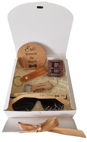 Coffret cadeau à personnaliser pour témoin homme, marié, cadeau de proposition pour garçon d'honneur. Box à personnaliser avec boutons manchette, lunette de soleil, tire bouchon, dessous de verre...