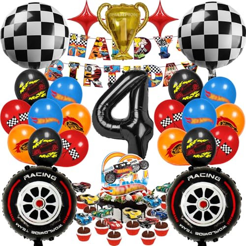 Ctxtqtdt 50 Stück Hot Whels Geburtstagsdeko für 4 Jahre Junge, Party Set mit Luftballons, Kindergeburtstag Ballons Deko für Kinder (4)
