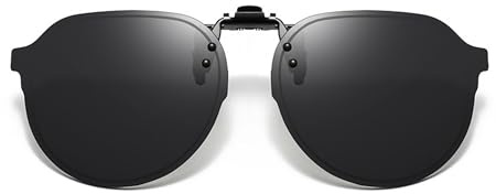 FRAZALA Clip On Retro Round Sunglasses for Men Women, Flip Up Metal Clip UV400 TAC Lens (Black Lens/Grey Vision)