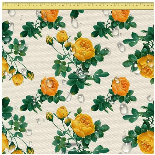 DreamRoots Segeltuch Wasserdicht - Polsterstoff Meterware 160 cm breit - Wasserabweisender Stoff 220 g/m2 600D - Markisenstoff Wasserdicht Meterware Yellow Roses 2M
