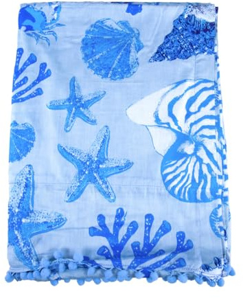 SUN & SURF Pareo mit Frottee, Muster Nautilus, himmelblau, modisch, 90 x 170 cm, doppelte Textur, robustes Handtuch für Strand Sonne und Pool