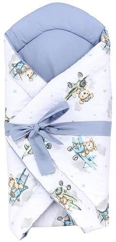 TupTam Unisex Baby Einschlagdecke mit Schleife, Farbe: Flugzeug Bärchen/Blau, Größe: 70 x 70 cm