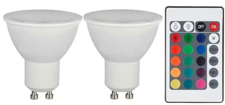 V-TAC RGB LED GU10 Leuchtmittel dimmbar mit Fernbedienung mit Farbwechsel, 4,8 Watt 420 Lumen 3000K warmweiß, DxH 4,5x8,8 cm, 2er Set